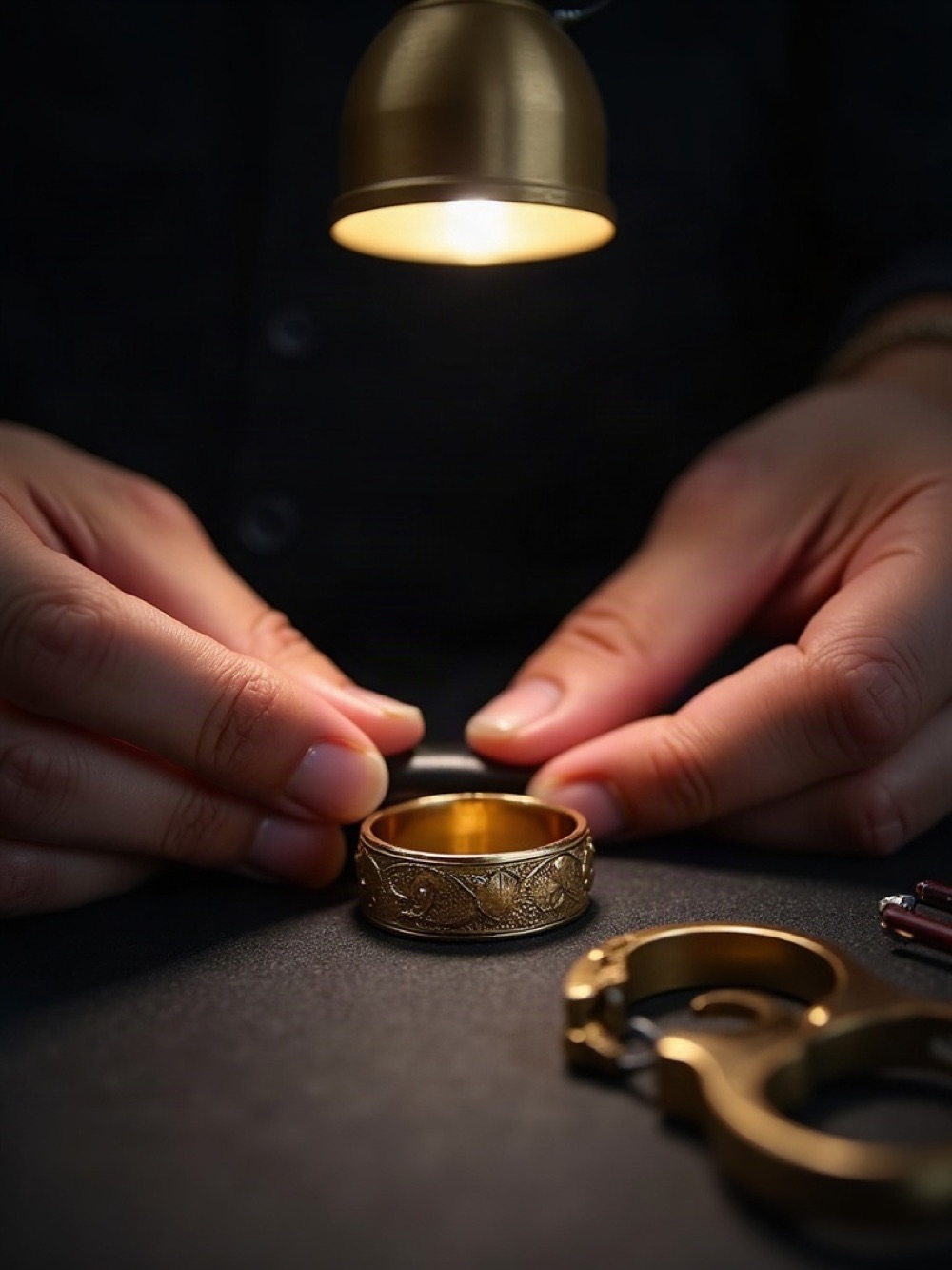 Hands engraving the inside of a plain gold band