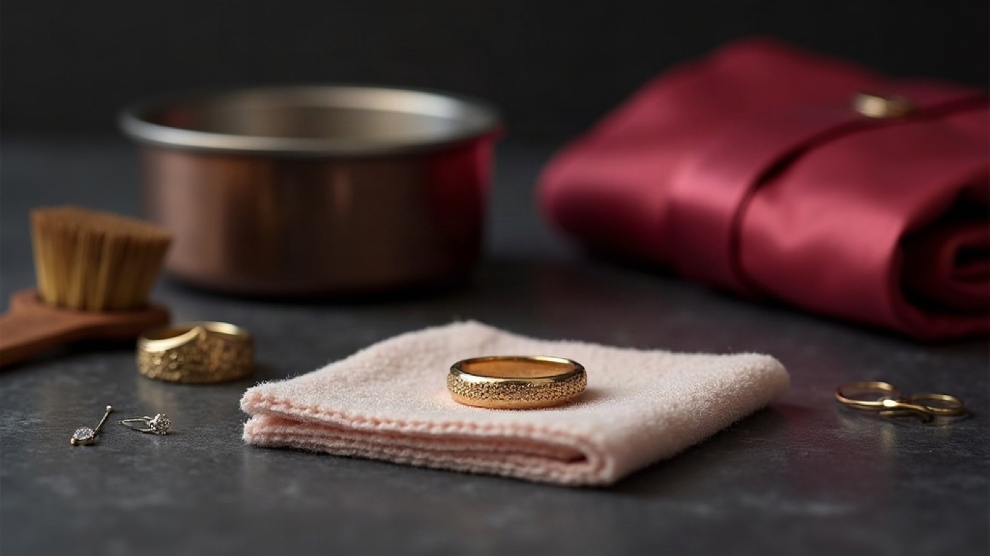 Gold ring on a polishing cloth beside an ultrasonic bath