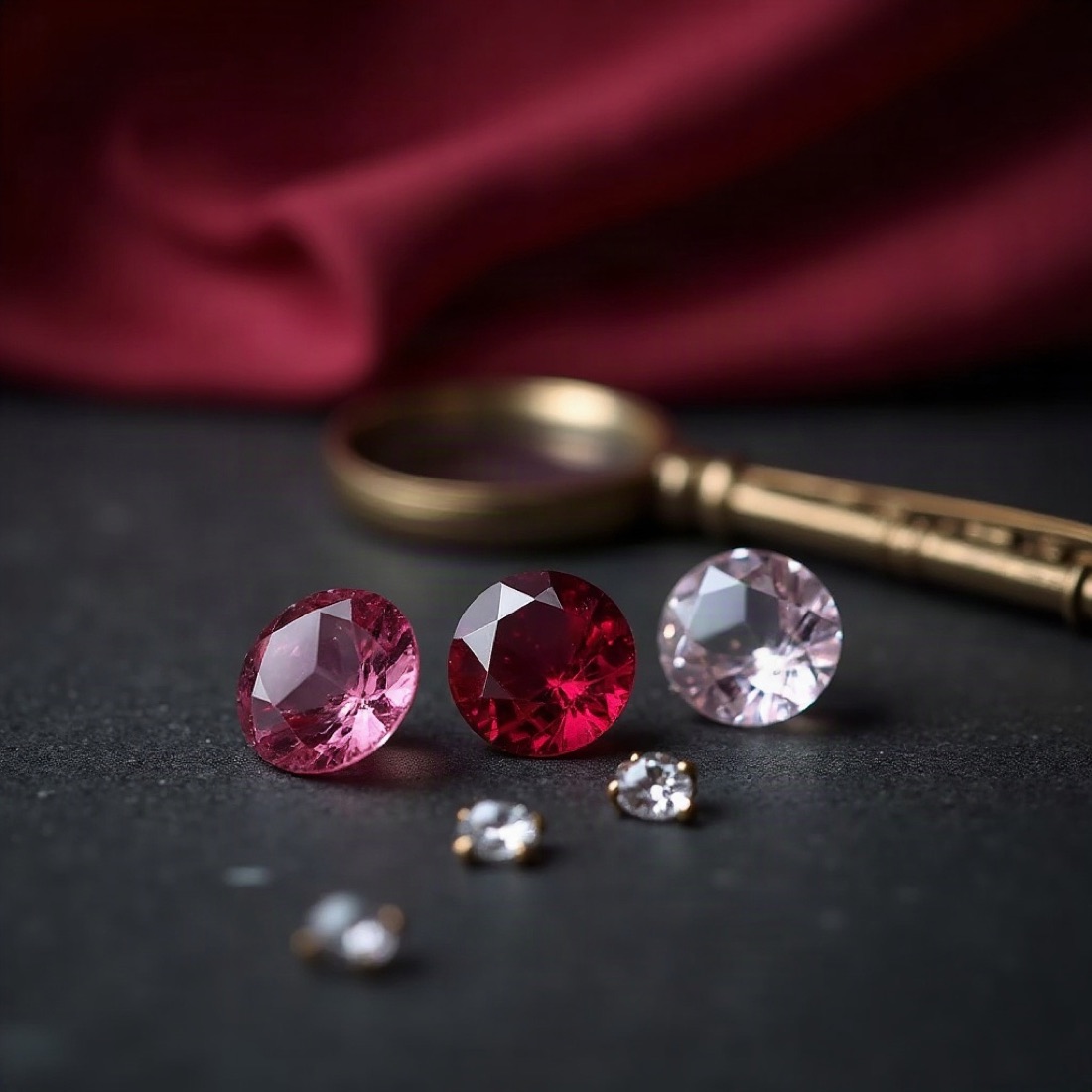 Ruby, pale sapphire, and a small diamond beside a loupe