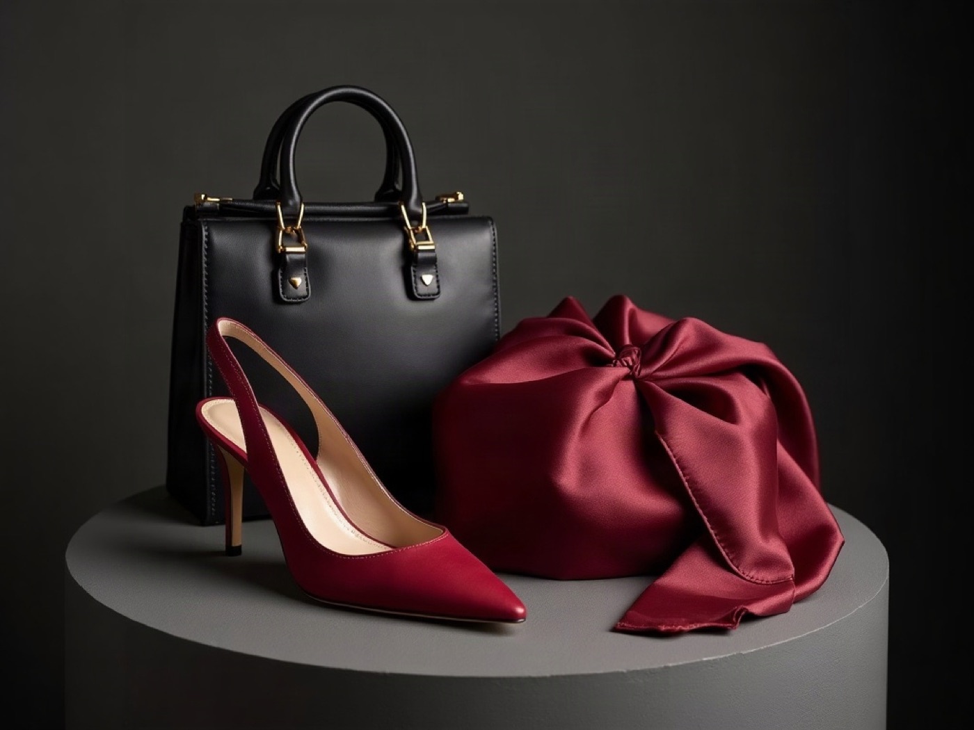 Ruby silk, designer shoes, and a leather bag on a graphite plinth